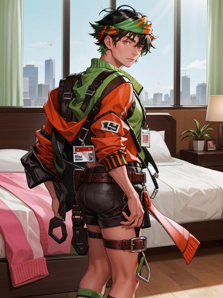 00856-2788497200-bryophyta,1boy,male focus,solo,short hair,green hair,black hair,multicolored hair,bandana,shirt,jacket,shorts,belt,lanyard,thigh.png